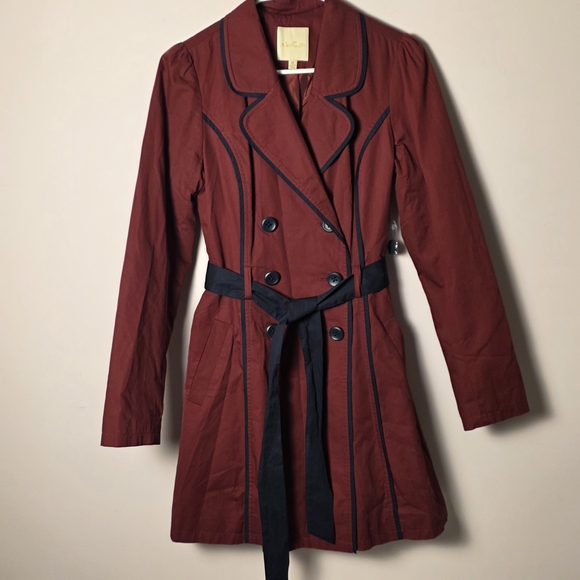 Modcloth Jackets & Blazers - ModCloth Burgundy Trench Coat Belted Jacket Navy Piping Vintage Inspired